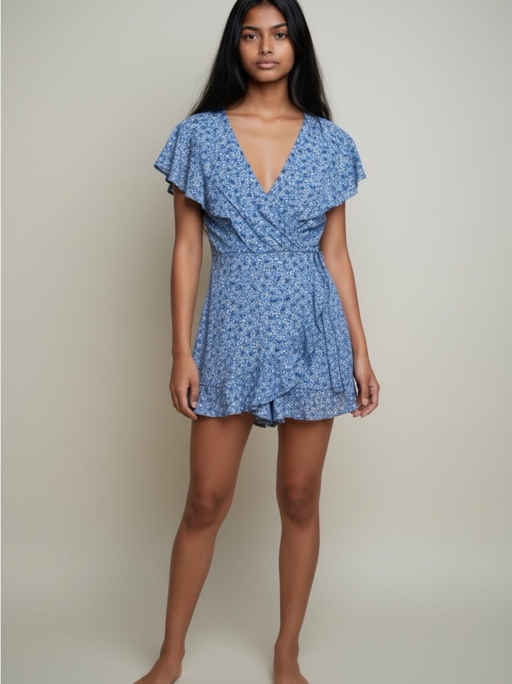 New Nordstrom Dee Elly Blue Floral Faux Wrap Mini Dress Romper Medium NWOT